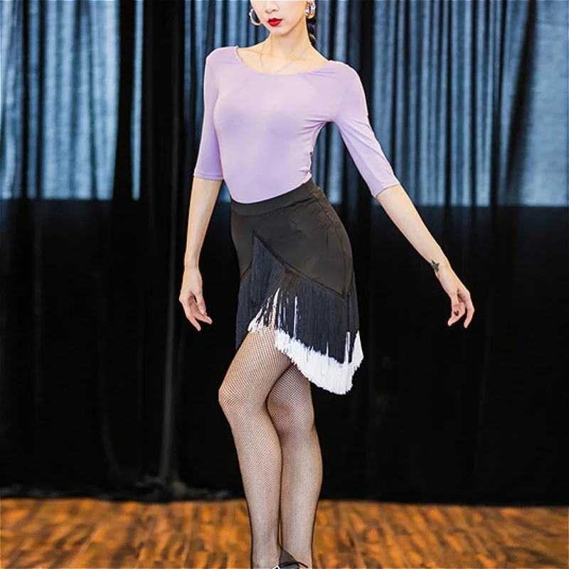 YOUMU Women Latin Skirt Tango Rumba Dancewear Ballroom Fringe Tassels with Shorts Inside 