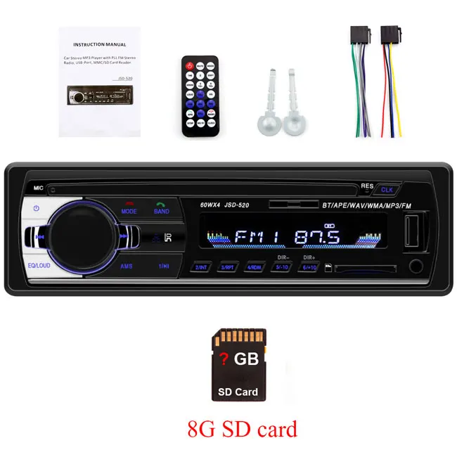 1 Din автомагнитола JSD520 12 в Bluetooth автомобильный стерео In-dash FM Aux вход поддержка Mp3/MP4 USB TF MMC WMA AUX IN TF автомобильный Радио плеер - Цвет: B-radio-8G SD