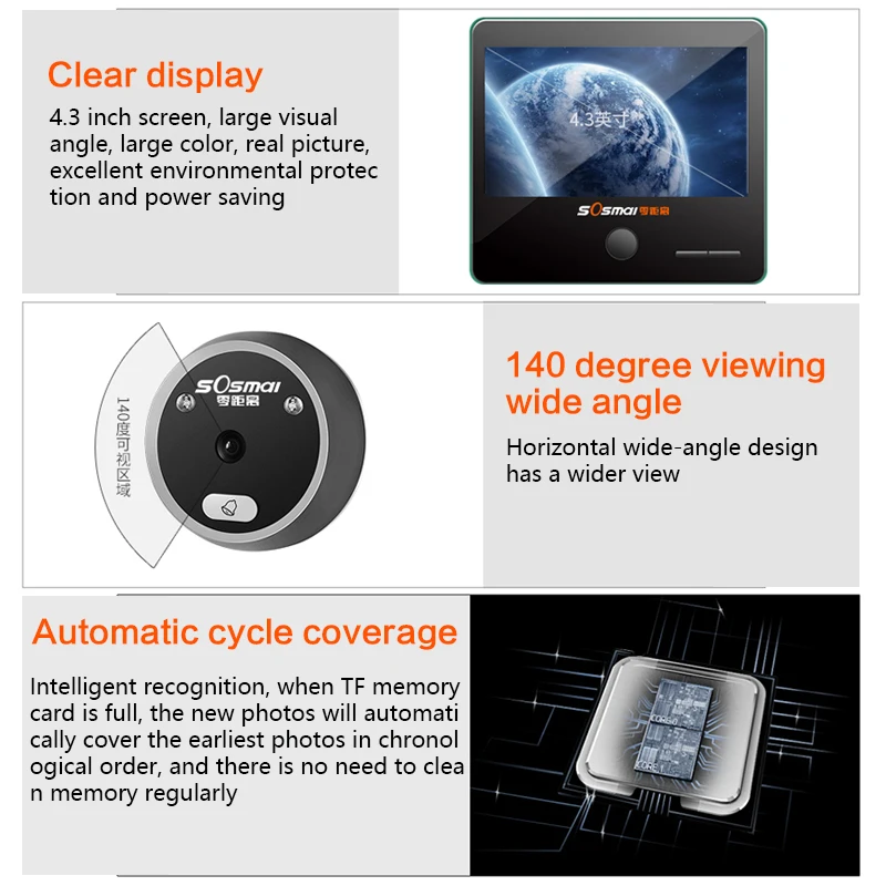 4.3 Inch Color Screen Digital Doorbell Electronic Peephole Door Camera Viewer Door Bell 140 Viewing Angle Home Security Doorbell