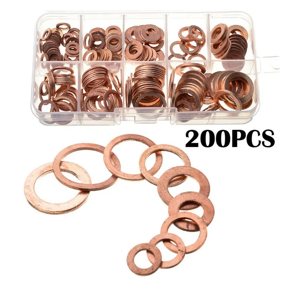 

200pcs M5-M14 Box-Packed Durable Copper Hardware Oil Seal Fitting Ring Seal Gasket Set Washer Flat Washer Fastener