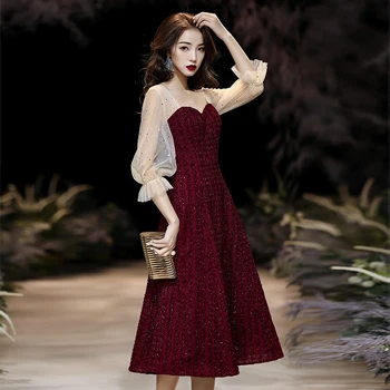 

Burgundy Women Evening Party Dress Sexy Cheongsam Bride Wedding Dress Qipao Beads Lace Pacthwork Summer Sexy Mesh Gown