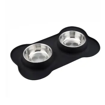 

Silicone Bone Double Dog Bowl Pet Pad Pet Feeding Bowl Non-Slip Leakproof Dual-Use Pet Mat Black And Blue