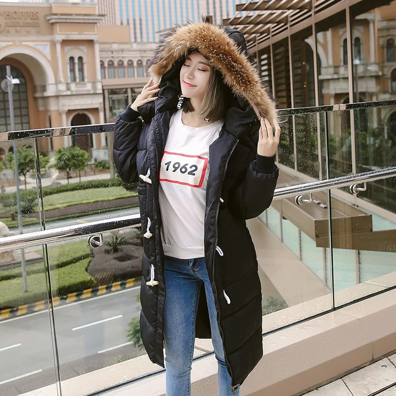 

2017 Winter New Style Korean-style Students Genuine Fur Collar Mid-length Toggle over-the-Knee down Jacket Cotton-padded Clothes