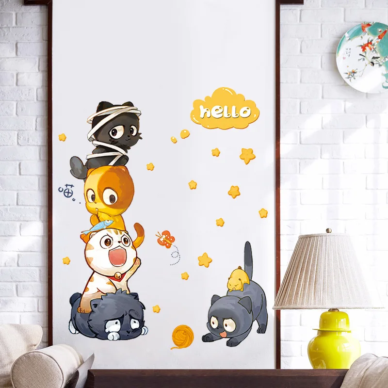 Наклейки на стену с мультяшным котом пять милых котов DIY настенные