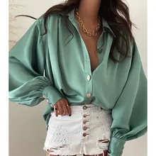 

2021 European American New Drop-shoulder Lantern Sleeves Metal Button Shirt Fashion Autumn Women's Clothing Simple Temperament