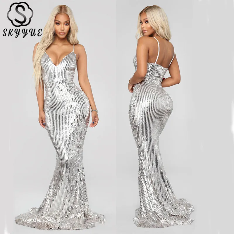 

Skyyue Evening Dress Sling V-neck Sequin Robe De Soiree Floor Length Women Party Dresses 2019 Sliver Plus Size Evening Gown T042