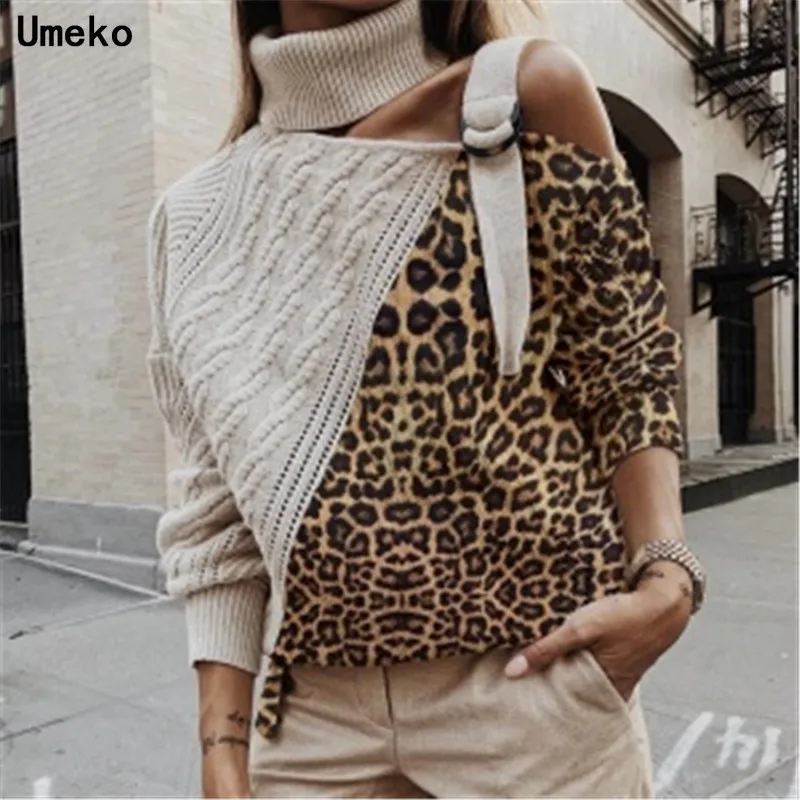 

Umeko Pre-sale Leopard Halter Knit Sweater Women Jumper Autumn Winter Strapless Pullover Long Sleeve Female Knitwear Pull Femme