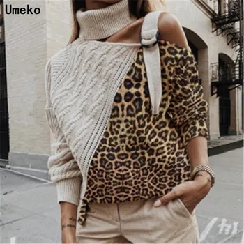 

Umeko Pre-sale Leopard Halter Knit Sweater Women Jumper Autumn Winter Strapless Pullover Long Sleeve Female Knitwear Pull Femme