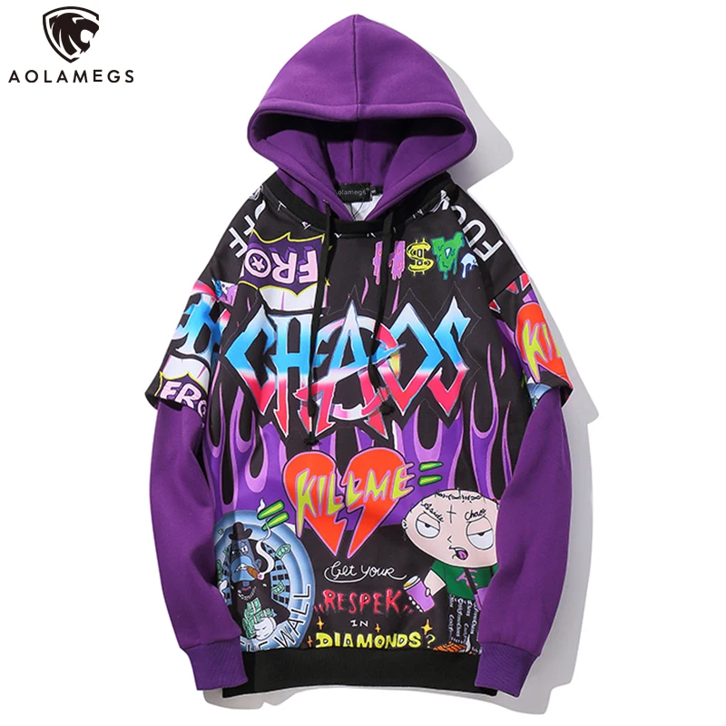 Aolamegs Men Fake 2 Pieces Hoodies For Men Letter Graffiti Harajuku High Street Style Oversize Hip Hop Fleece Couple Sweatshirt Aolamegs Men Fake 2 Pieces Hoodies For Men Letter Graffiti Harajuku High Street Style Oversize Hip Hop Fleece Couple Sweatshirt