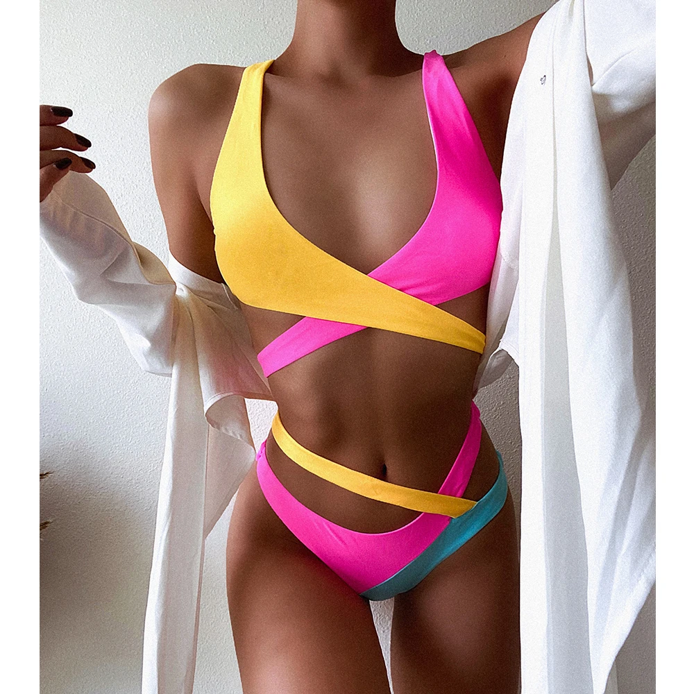 Contrast Color Bikini Women Swimsuit Cross Push Up Swimwear Female Bandage Bikini Set 2020 Bathing Suit Beachwear Swimming Suit