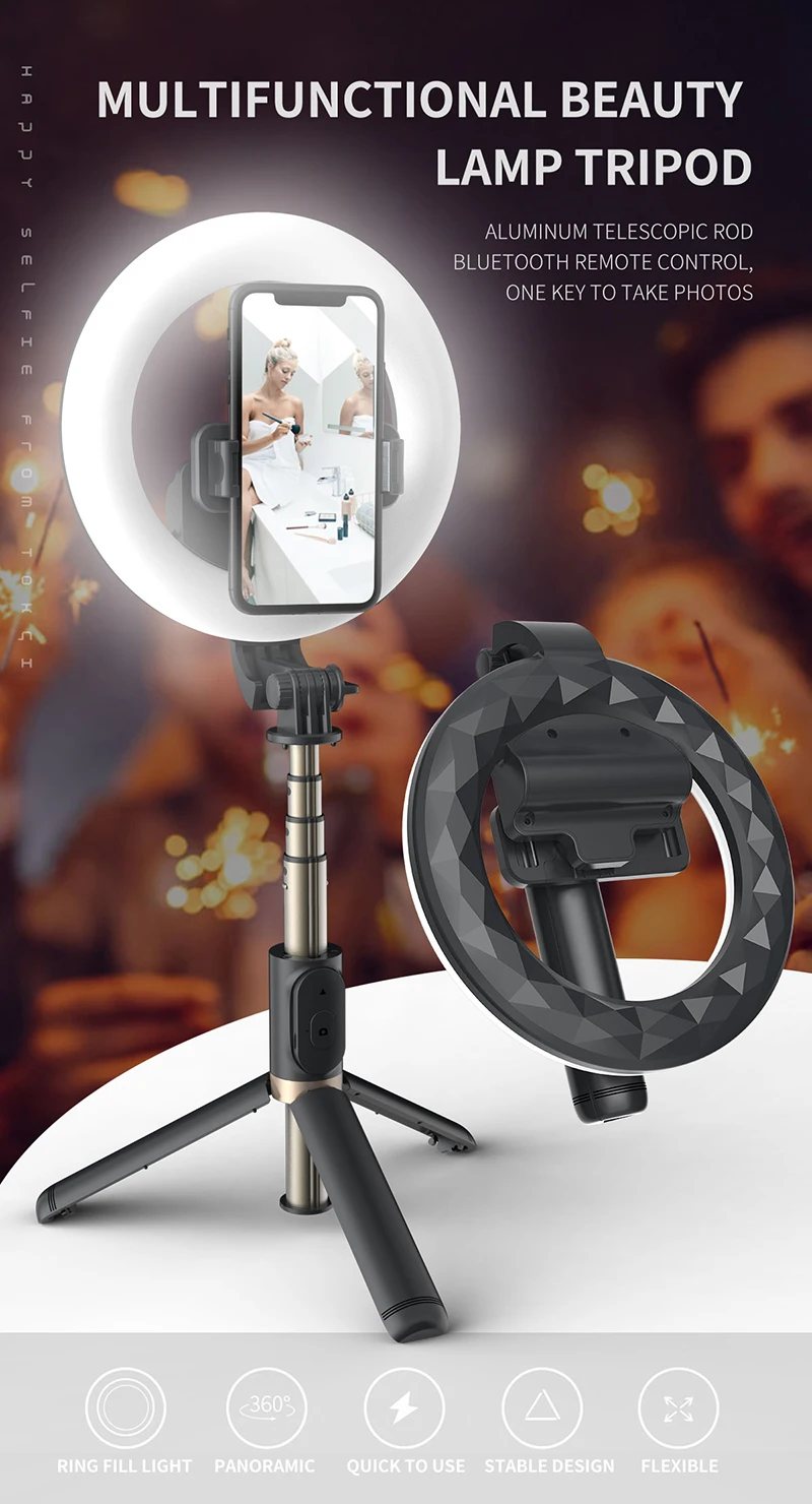 

4 in 1 Selfie LED Ring Light Wireless Bluetooth Selfie Stick Mini Tripods Handheld Extendable Selfie Stick With Remote