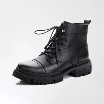 

Fashion Autumn Cow Leather Shoes Women Boots Lace Up Platform Motorcyle Boots Side Zipper Booties Female Ankle Boots Shoes Woman