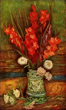 

2 Handmade Art Paintings by College Teachers - Still LIfe Vase Red Gladiolas flowers Vincent van Gogh - Oil Painting on Canvas