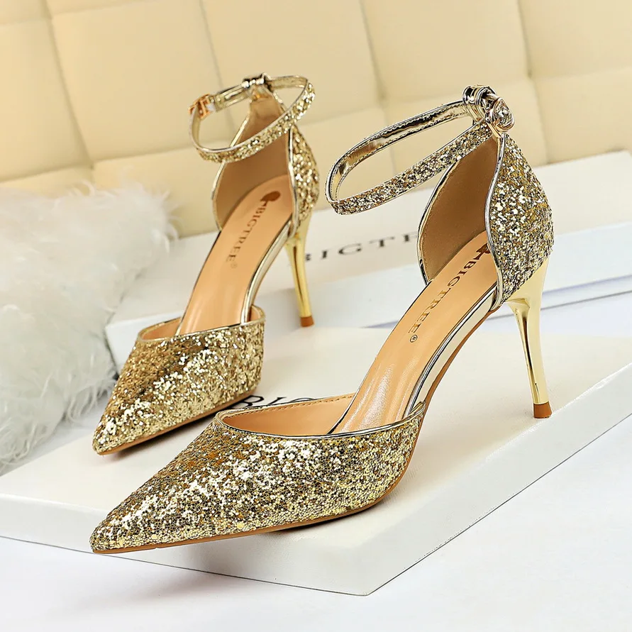 

2021 Women 7.5cm 9.5cm High Heels Sparkle Sandals Wedding Bridal Low Heels Sandles Stiletto Glitter Prom Elegant Stripper Pumps