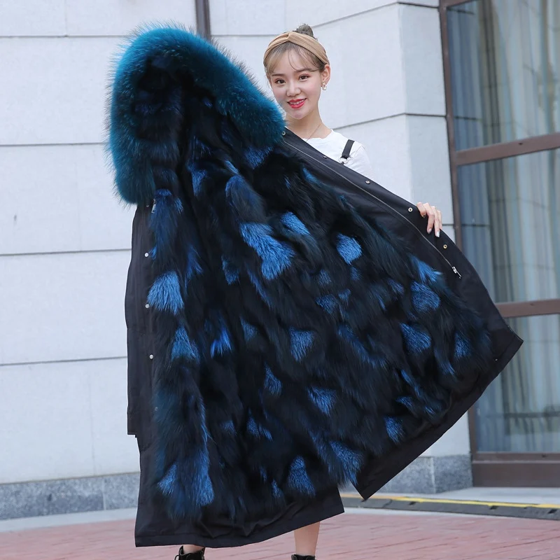 lake blue fur 110cm Женские зимние пальто парка с натуральным мехом енота с капюшоном воротником из натурального Лисьего меха внутри России Женская куртка одежда - Цвет: lake blue fur 110cm