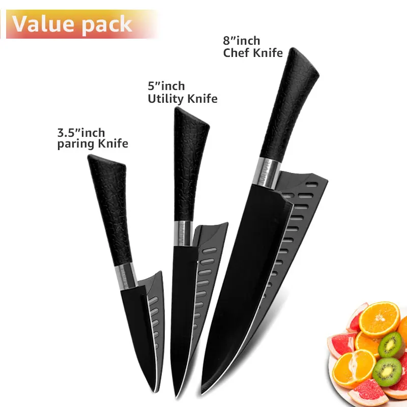 Value Pack 3 Ножи для шеф-повара, ножи из нержавеющей стали, инструменты, черное лезвие, инструменты для очистки овощей, Santoku, шеф-повара, набор кухонных принадлежностей для нарезки хлеба, инструменты - Цвет: Value Pack 3