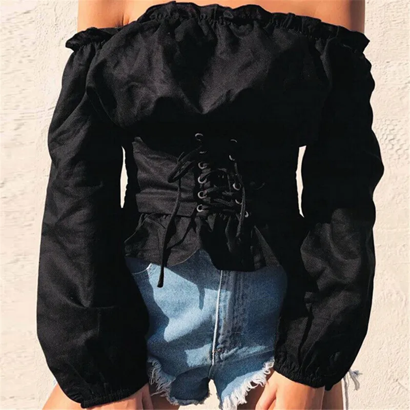 2020 Sexy Tops Womens Lace Up Satin Corset Blouse Lantern Sleeve Off Shoulder Top Corset Shirt Blusa Mujer