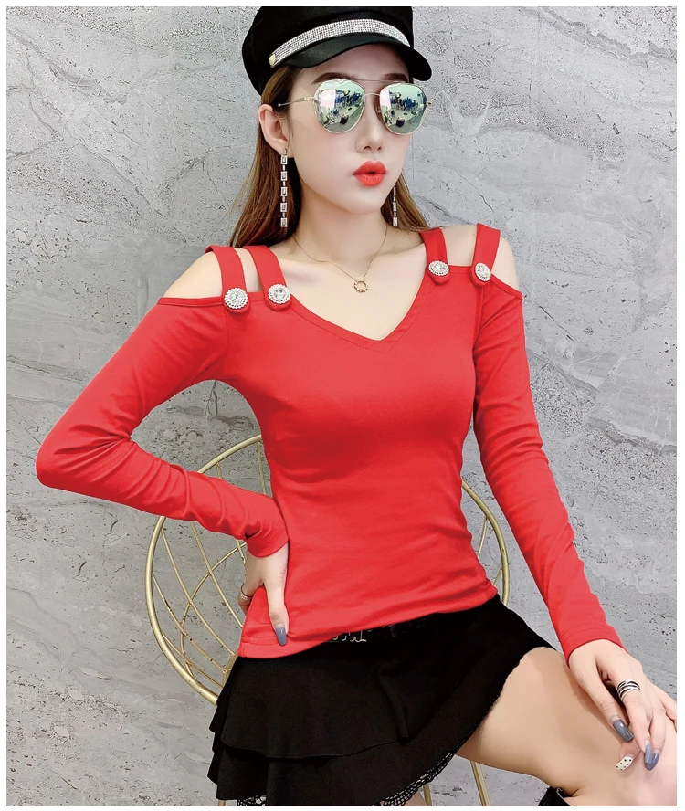 Korean Sexy Hollow Out Off Shoulder Button Tshirt Autumn Winter Women Long Sleeve Pullover Back Top Camiseta Mujer T98202