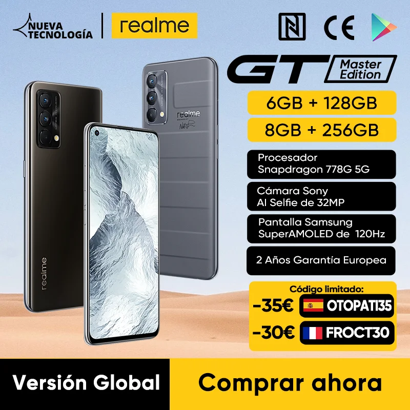 realme GT Master Edition (Estreno mundial) Versión global Teléfono móvil Snapdragon 778G 5G 128GB/256GB Pantalla SuperAMOLED de 6,43″ a 120Hz 4300mAh 65W NFC;-35€ ,Código:OTOPATI35
