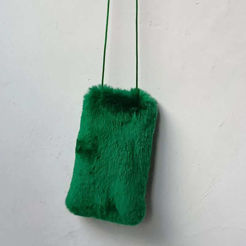 New Real Rabbit Fur Phone Bag Fashion Long Belt Cute Small Shoulder Bags Female Lovely Warm Shoulder Crossbody Bag