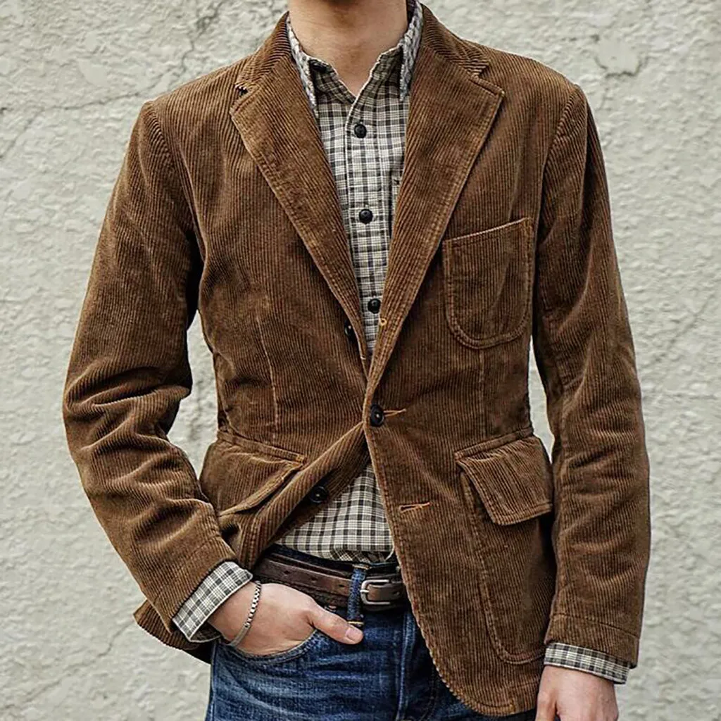 

Autumn Corduroy Blazer Suit Men Solid High Quality Single Breasted Casual Blazer Jacket Turn Down Neck Pockets Men Blazer