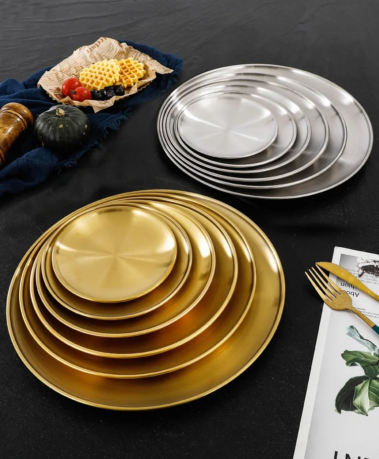 1pcs 17cm stainless steel dish single layer thickened Golden Disc dessert plate et Dinner plate