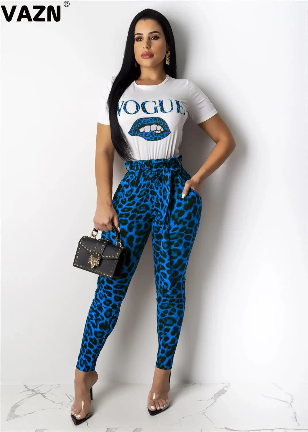 

VAZN YY5079 new product 2019 summer sexy lady 2-piece 3colors long set short sleeve white tees leopard pants set lady chic set