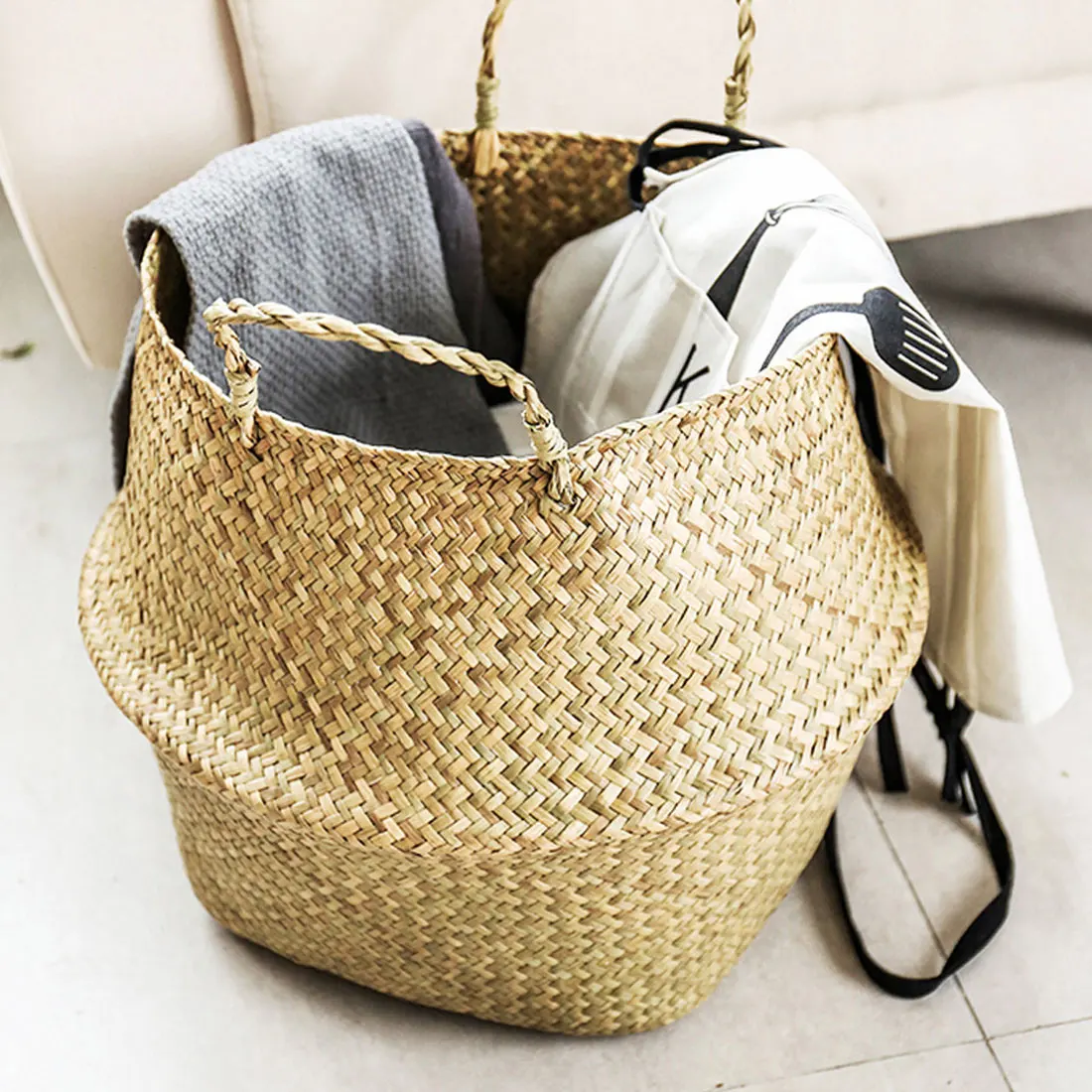 Foldable Storage Baskets Household Natural Seagrass Woven Garden Flower Vase Hanging Basket With Handle Storage Bellied Basket
