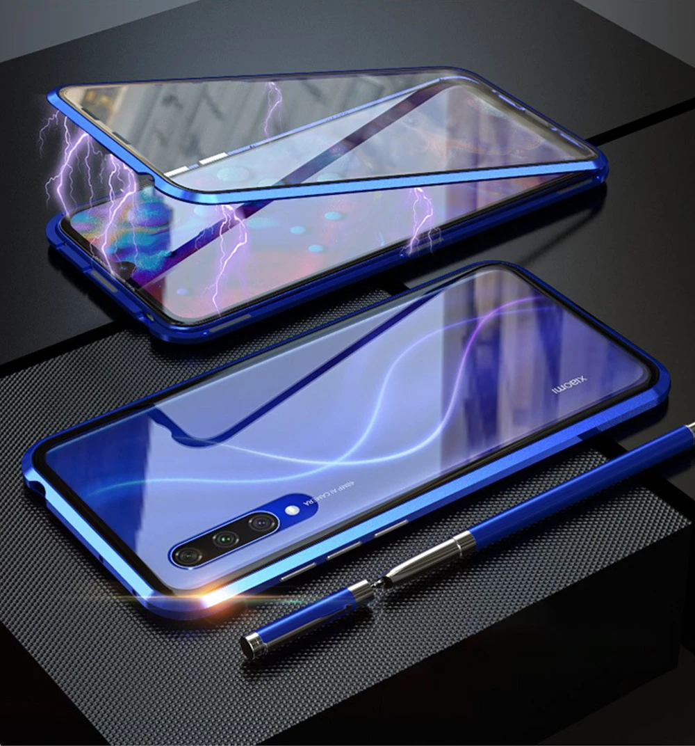 Металлический двойной Магнитный стеклянный чехол для Xiaomi Mi A3, чехол, 360 °, полностью защищенная, чехол из закаленного стекла для Xiaomi Mi A3 Lite