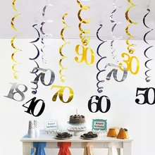 Adornos colgantes de remolinos de cumpleaños, decoración de cumpleaños de color negro, dorado y plateado, espiral de 18, 21, 25, 30, 40, 50, 60, 70, 80 y 90 años, 6 unids/paquete