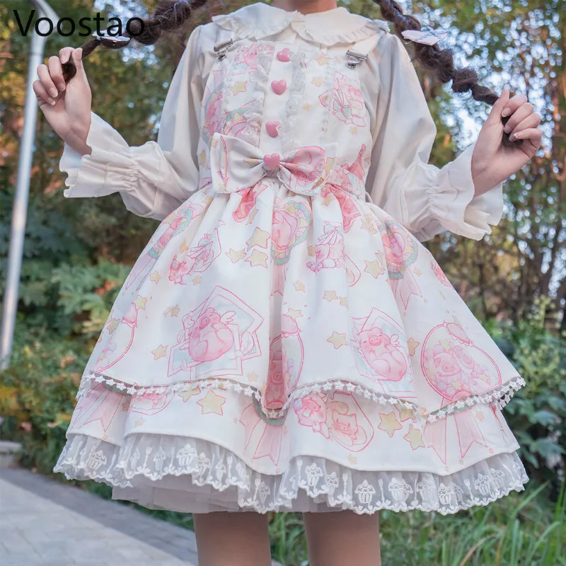 Lolita Dress Japanese Sweet Kawaii Jsk Lolita Dress Women Vintage Victorian Gothic Cartoon Sleeveless Bow Lace Princess Tea Party Dresses