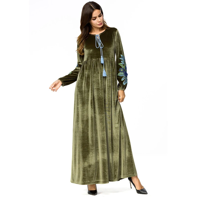 

Plus Size 4XL Muslim Dress Women Turkish Abaya Islam Long Sleeve Embroidery Velvet Green Pullover Maxi dress kaftan