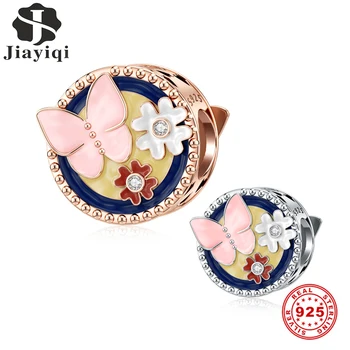

Jiayiqi Butterfly In Flowers 925 Sterling Silver Dripping Oil Charms Beads Fit Original DIY Bracelet Fine Charm Jewelry