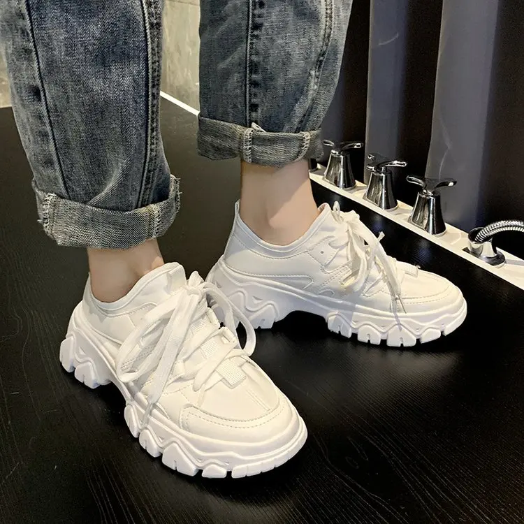 

Black White Khaki Platform Sneakers Women Casual Shoes 2019 Breathable Non-slip Thick Soled Sneakers Chunky Trainers Women