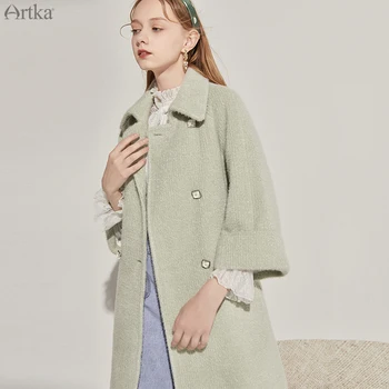 

ARTKA 2020 Winter New Women Woolen Coat Elegant Green Double breasted Thicken Warm Woolen Coat Long Outwear With Sashes FA20005Q