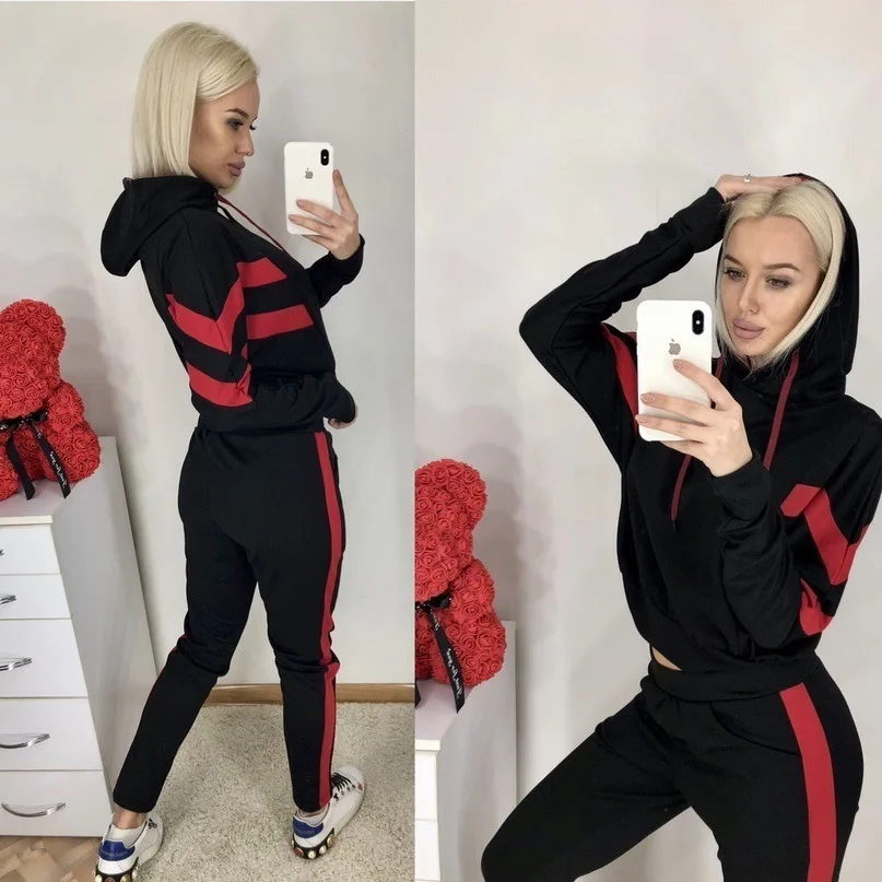 Hoodies Women Winter Harajuku Hoodie Sweatshirts 2pcs Tracksuit Set Tops and Pants Side Stripe Female Clothing Suits Activewear