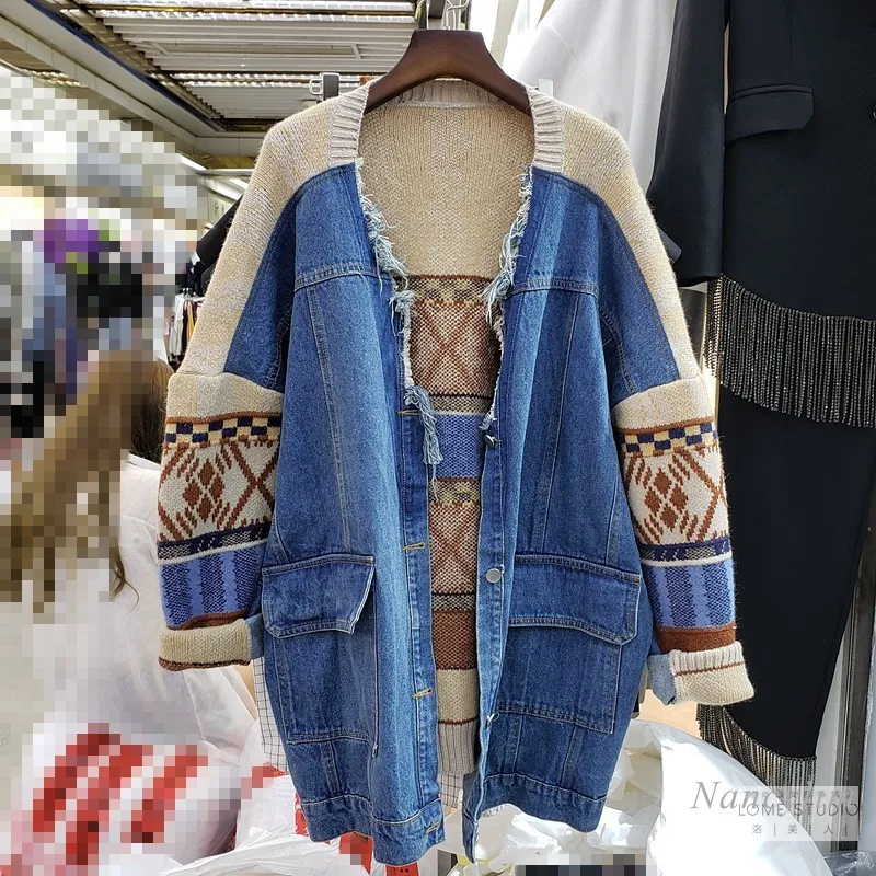 

Denim Patch Knitted Cardigan Woman Autumn New Loose Lazy Style Bat Sleeve Sweater Coat Hot Sale Nancylim