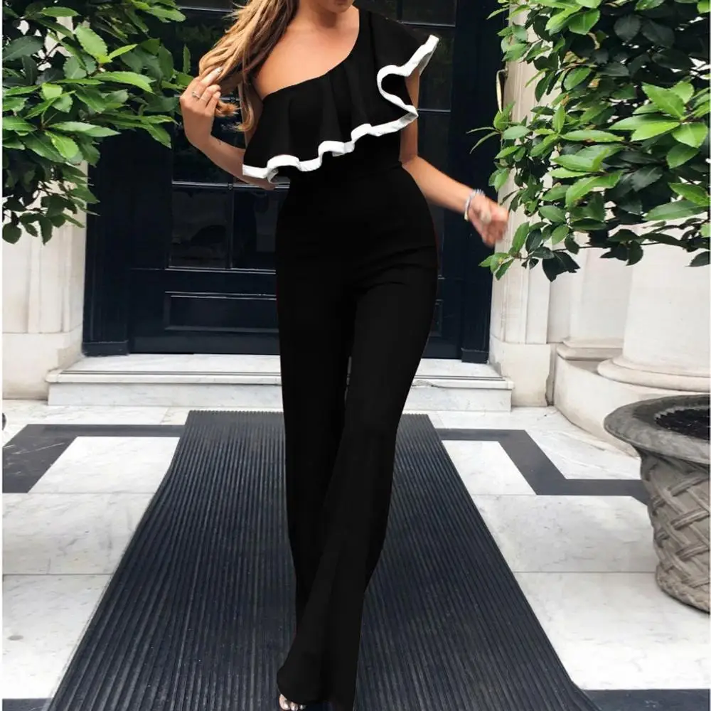Women Sleeveless Solid Color Leaky one Shoulder off Ruffled Flounce Fashion Jumpsuit summer fashion ladies romper elegant