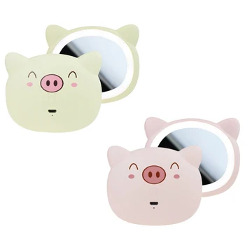 

Usb Charge Mirror Lamp Handheld Cosmetic Mirror Night Light Cute Pig Make-Up Mirror Rechargeable Mini Portable Women Portable