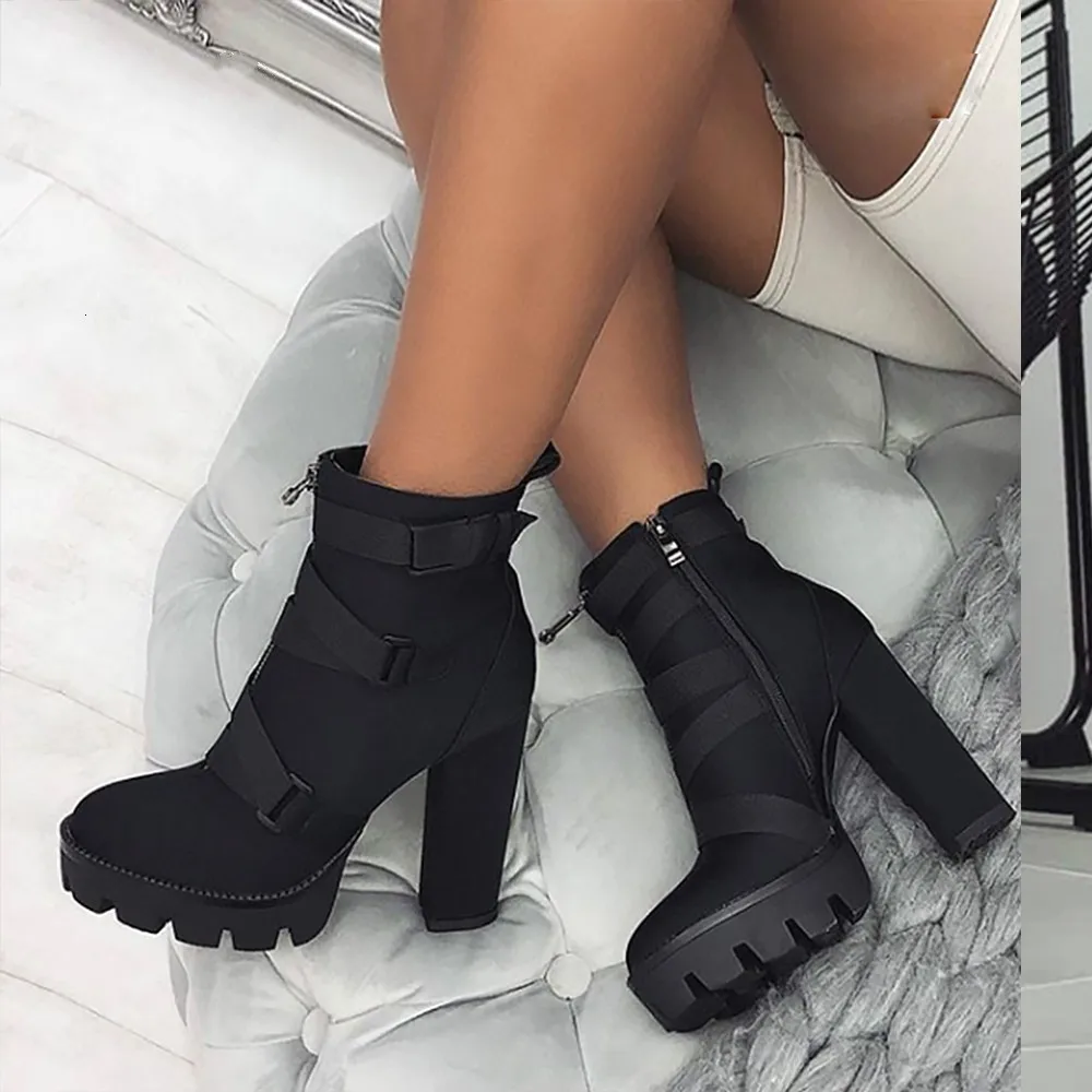 

Fashion Spring Autumn Platform Ankle Boots Women 12cm Thick Heel Platform Boots 2019 Ladies Worker Boots Black Big Size 41
