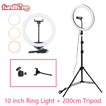 

Funthing 10 Inch Selfie Ring Light with Tripod Stand & Phone Holder for Makeup Live Stream Ring Lamp Photo Studio LED Ring Light
