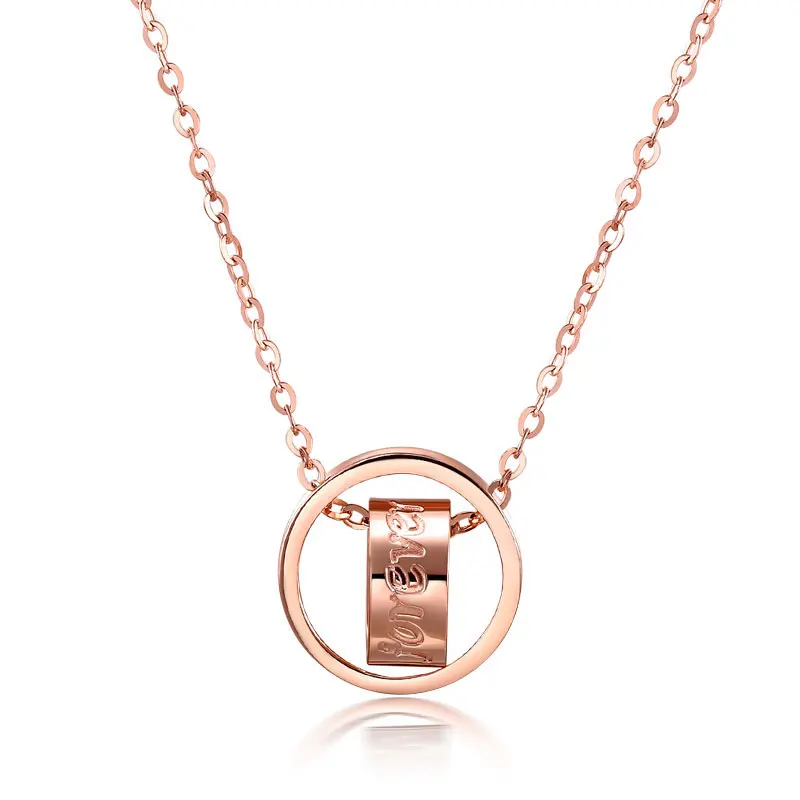 Elegant 2 Circle 18K Pure Real Solid Gold Forever Letters Charm Pendant Necklace Set For Women Girl Fancy Office Jewelry Gift
