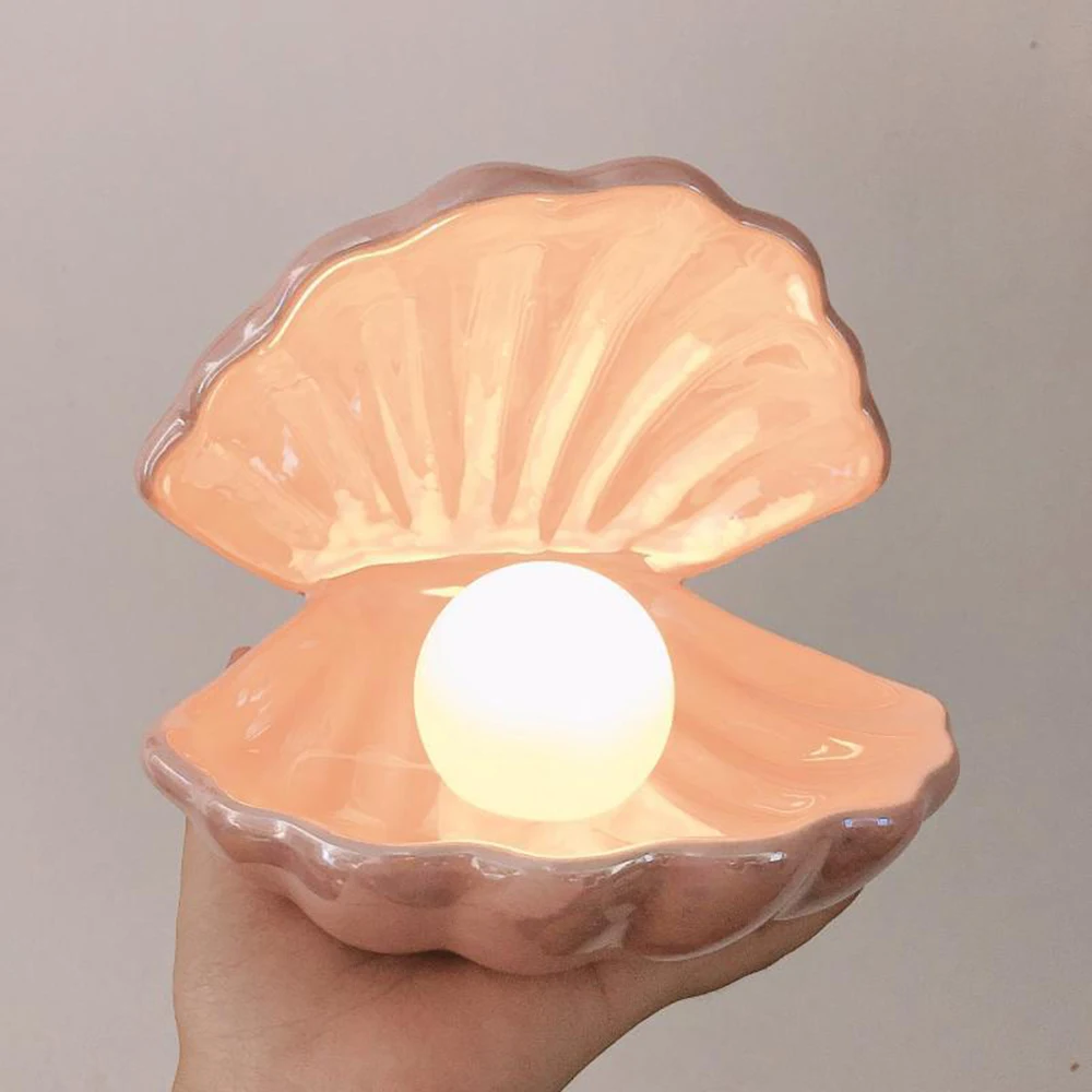 Enamel Shell Pearl Night Light Fairy Shell Shape Bedside Lamp Night Y0V9 
