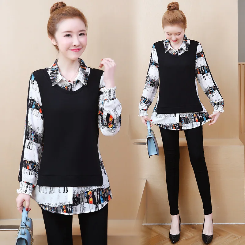 

Large Size Dress 2019 Spring Korean-style Fat Mm New Style Mock Two-Piece Printed Shirt Collar Cover Belly Slimming Tops Women's
