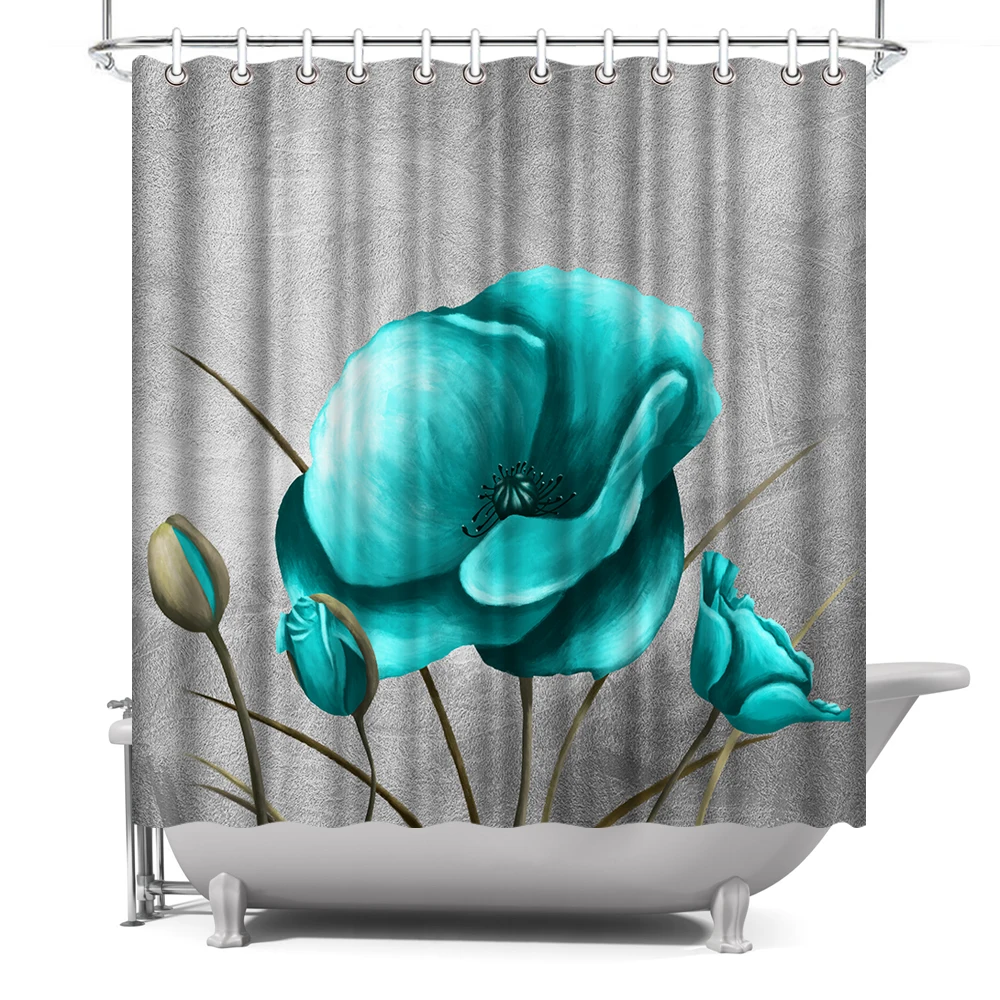 

Teal and Grey Spring Flower Blossom Floral Shower Curtain Blooming Poppy Waterproof Polyester Fabric with Hooks 72x72inch