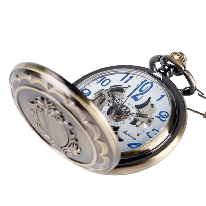 Steampunk Vintage Shield Case Unisex Hand-winding Mechanical Skeleton Pocket Watch for Men Women FOB Clock Collectable Chain