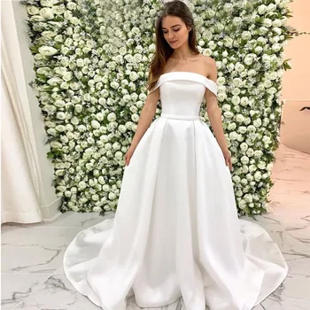 

Eightale Satin Wedding Dress Off the Shoulder A-Line Wedding Gown Custom Made Train Plus Size Bride Dresses vestido noiva