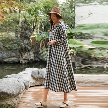 

Indie Folk Style plaid hooded women trench coat long loose v-neck plus size cotton linen A-line lady elegant outwear coat tops