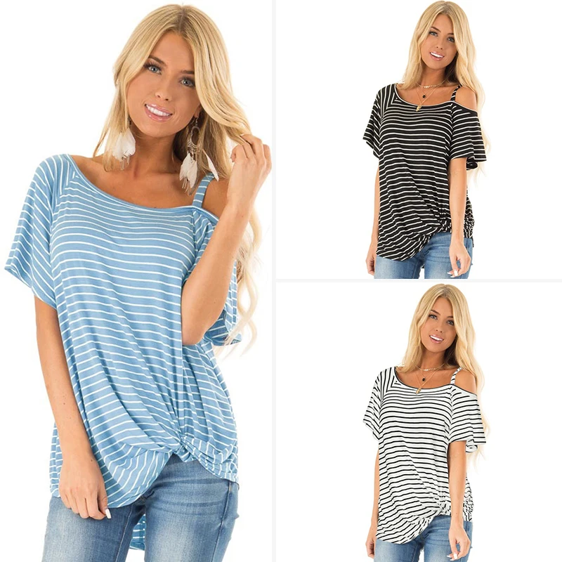 

One-Shoulder Irregular Sexy Women Summer T-shirts Short Sleeve Black White Blue Striped Loose Shirt Long Plus Size Women Tops