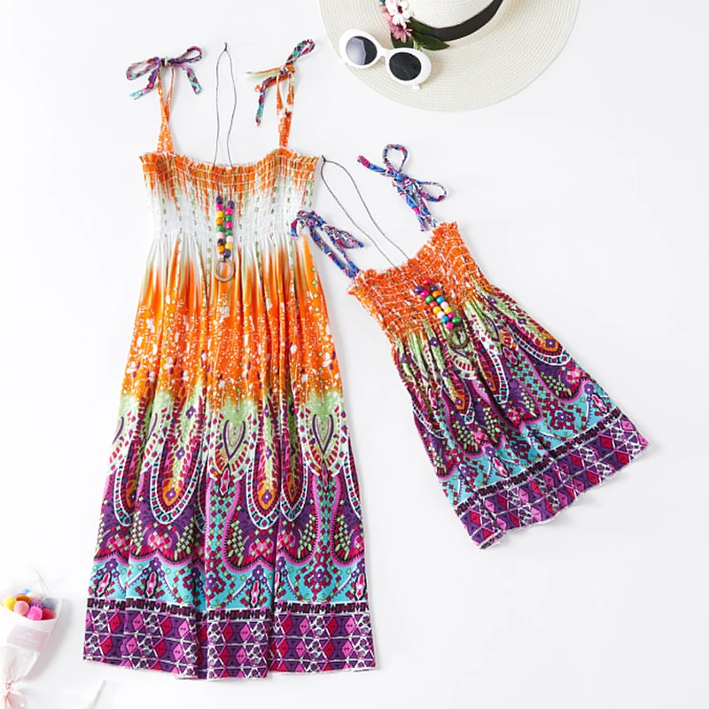 Summer Family Dress Mother and Daughter Matching Outfits Bohemian Beach Floral Sundress Dresses For Mom Girl Family Look Sets - 3